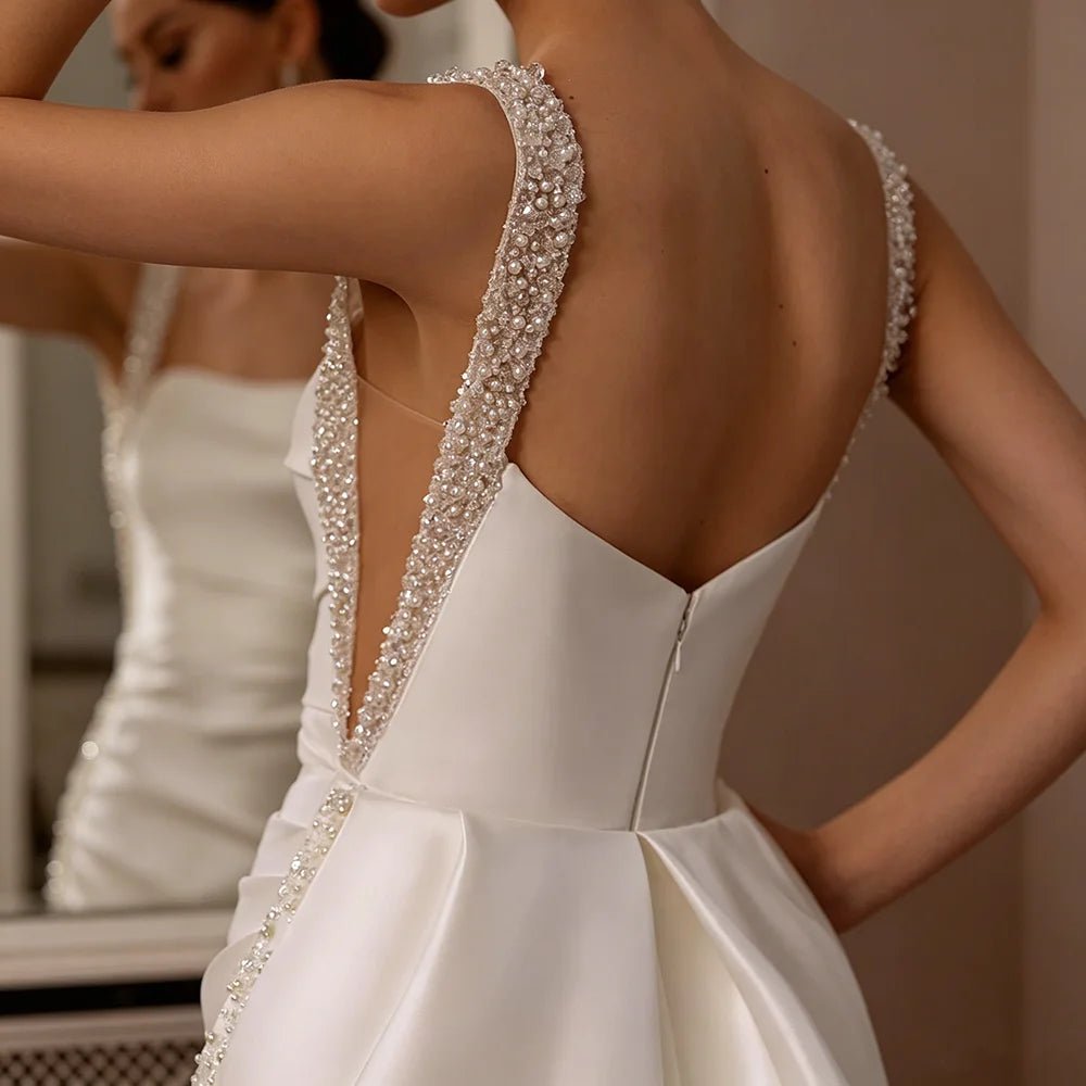 Satin Mermaid Wedding Gown with Beaded Straps & Detachable Overskirt - Luzilly Bridal & Apparel