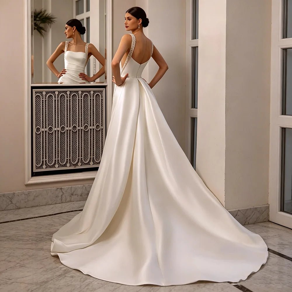 Satin Mermaid Wedding Gown with Beaded Straps & Detachable Overskirt - Luzilly Bridal & Apparel