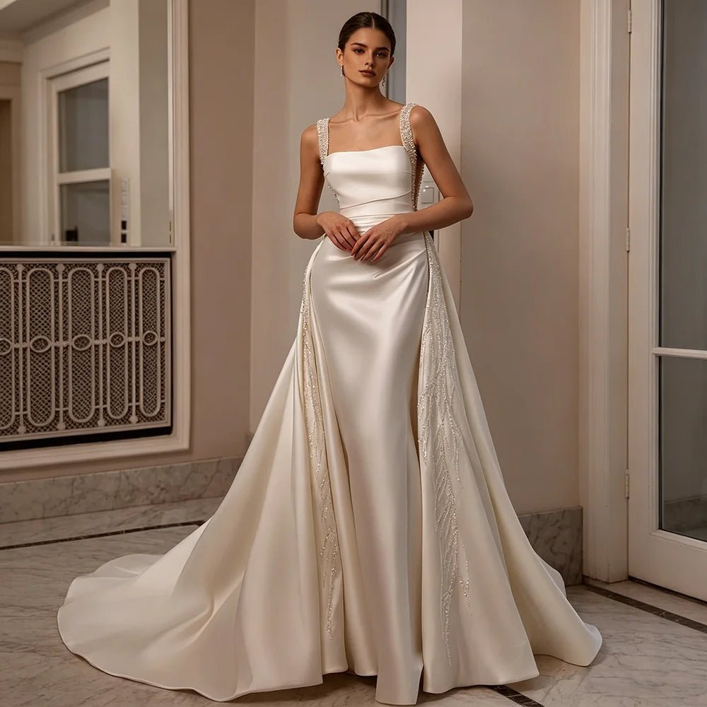 Satin Mermaid Wedding Gown with Beaded Straps & Detachable Overskirt - Luzilly Bridal & Apparel