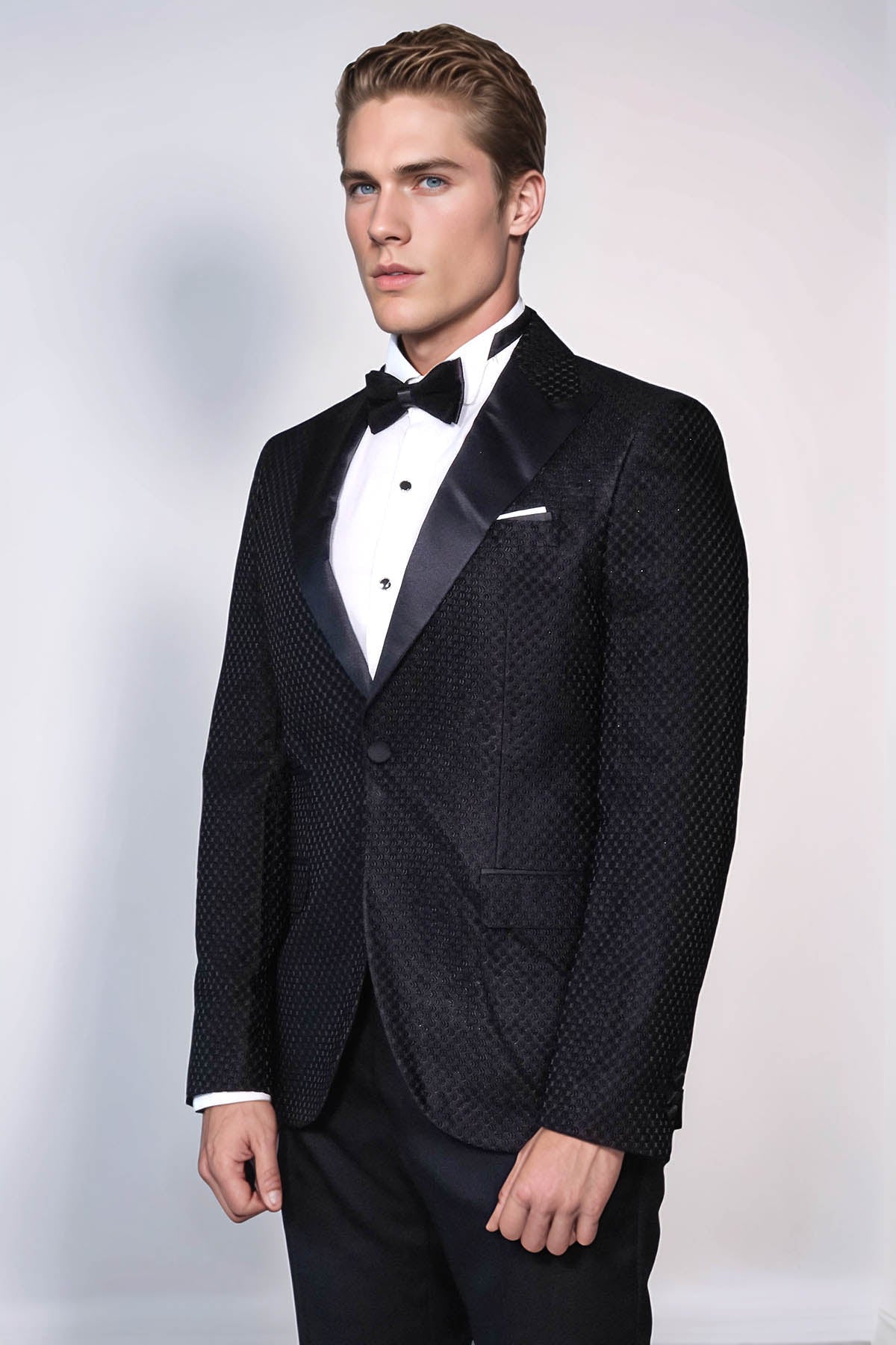 Satin Peak Lapel Textured Men's Royal Black Tuxedo Jacket - Wessi - Luzilly Bridal & Apparel
