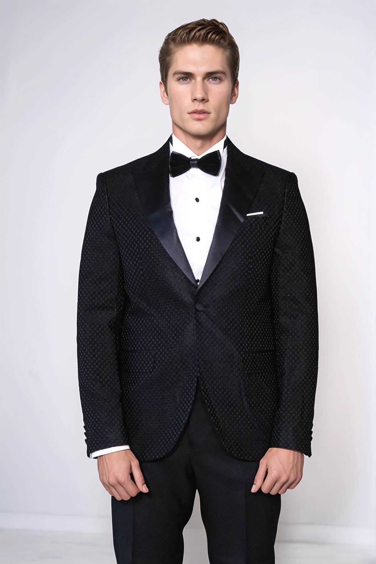 Satin Peak Lapel Textured Men's Royal Black Tuxedo Jacket - Wessi - Luzilly Bridal & Apparel
