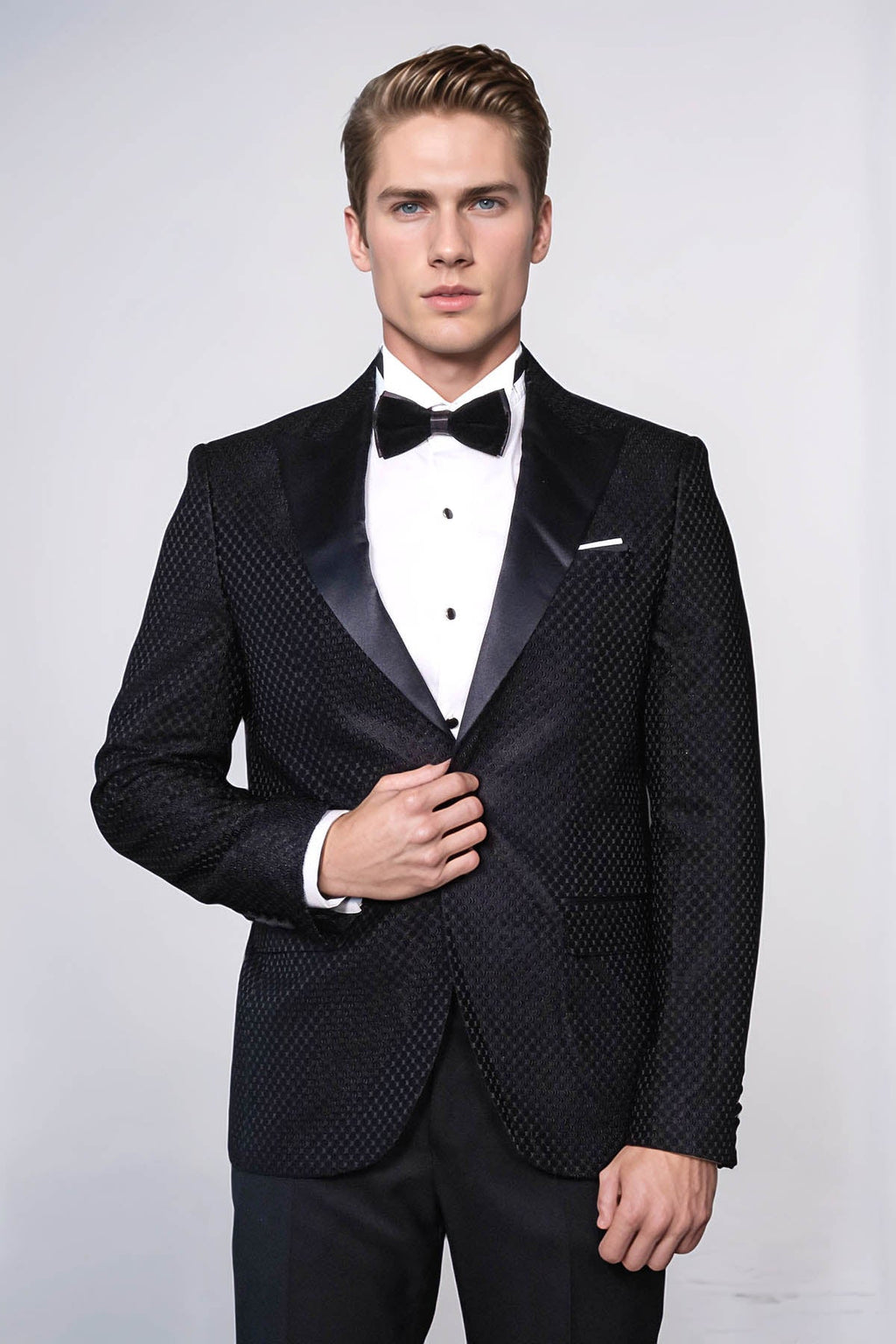 Satin Peak Lapel Textured Men's Royal Black Tuxedo Jacket - Wessi - Luzilly Bridal & Apparel