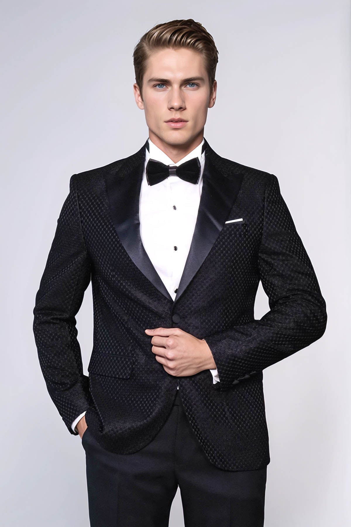 Satin Peak Lapel Textured Men's Royal Black Tuxedo Jacket - Wessi - Luzilly Bridal & Apparel