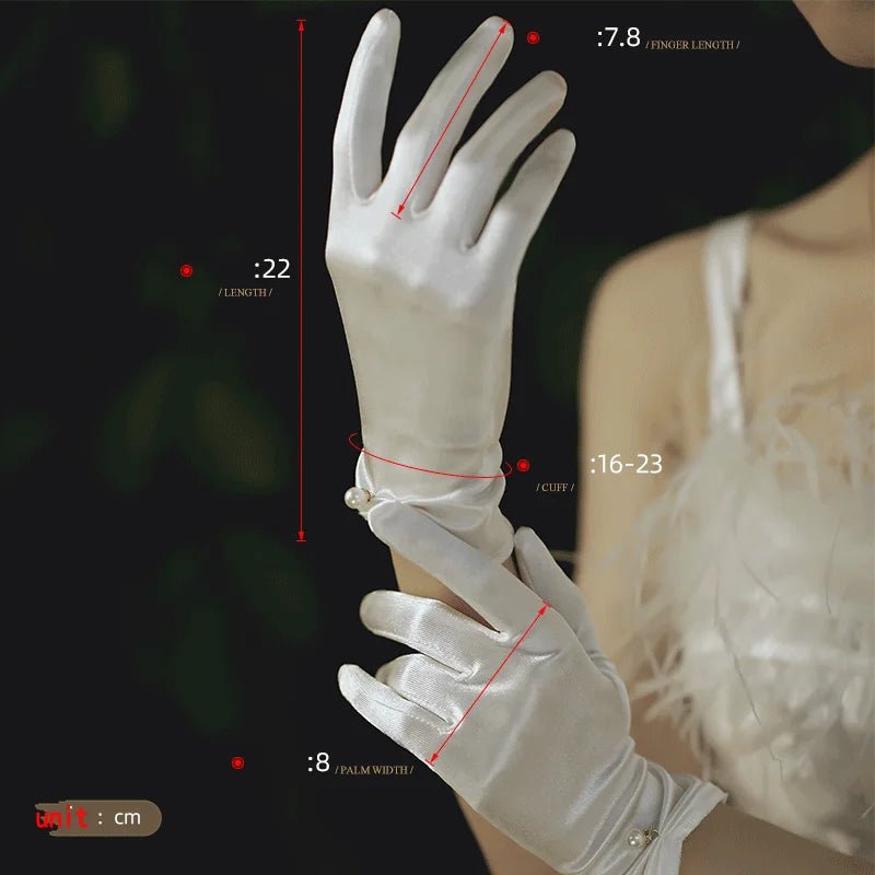 Satin Petal & Pearl Bow Short Bridal Gloves - Luzilly Bridal & Apparel