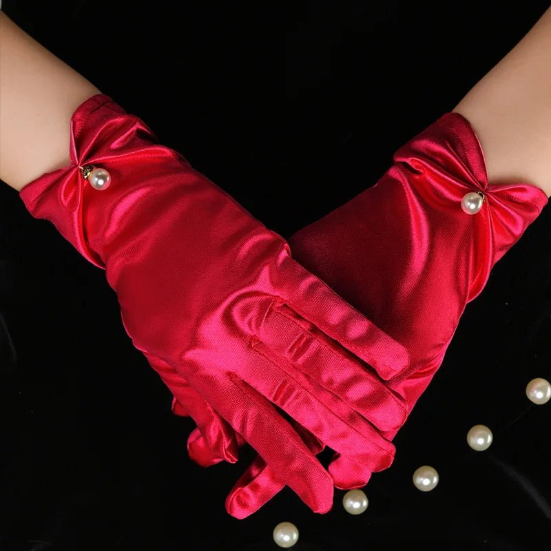 Satin Petal & Pearl Bow Short Bridal Gloves - Luzilly Bridal & Apparel