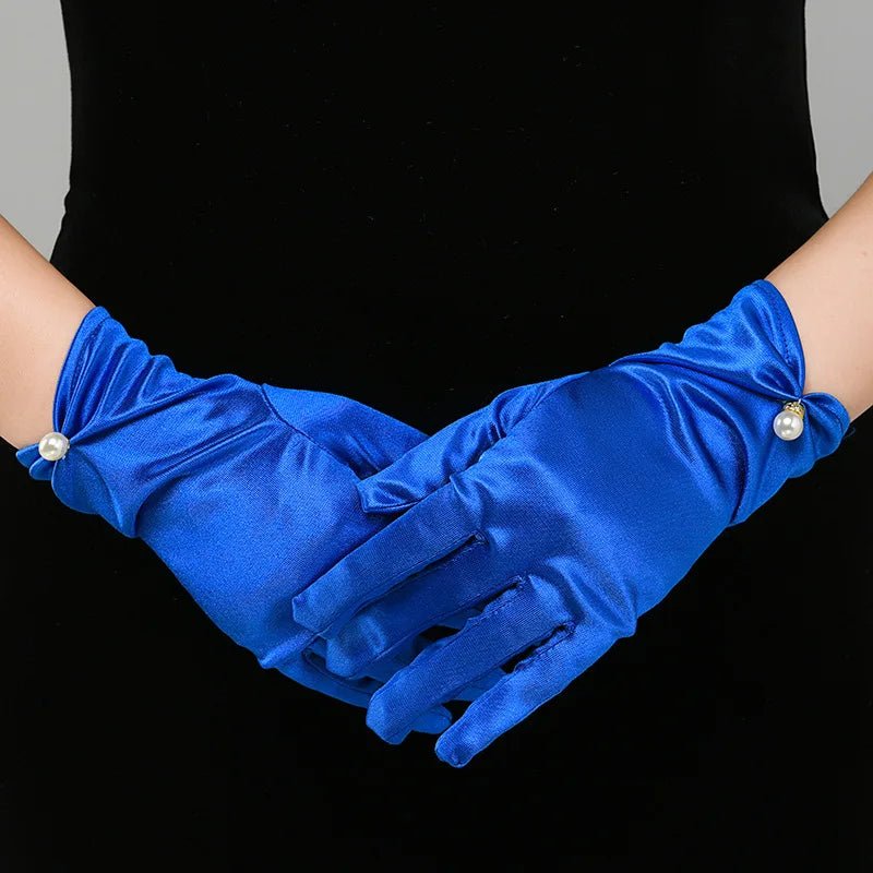Satin Petal & Pearl Bow Short Bridal Gloves - Luzilly Bridal & Apparel