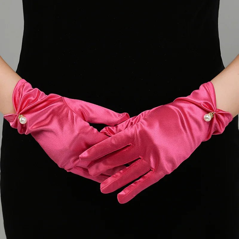 Satin Petal & Pearl Bow Short Bridal Gloves - Luzilly Bridal & Apparel