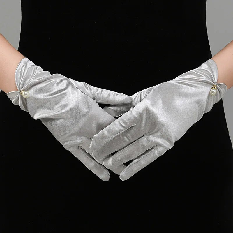 Satin Petal & Pearl Bow Short Bridal Gloves - Luzilly Bridal & Apparel
