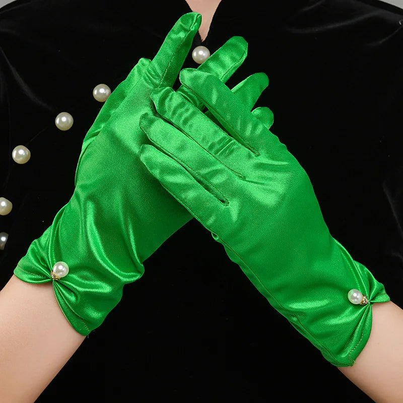 Satin Petal & Pearl Bow Short Bridal Gloves - Luzilly Bridal & Apparel