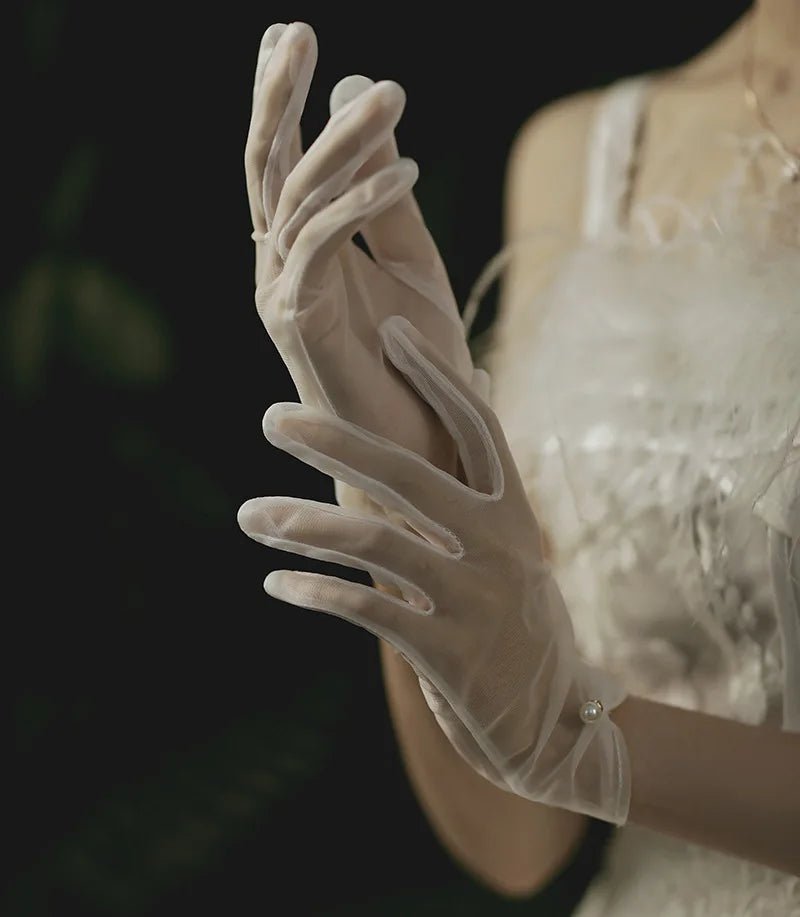 Satin Petal & Pearl Bow Short Bridal Gloves - Luzilly Bridal & Apparel