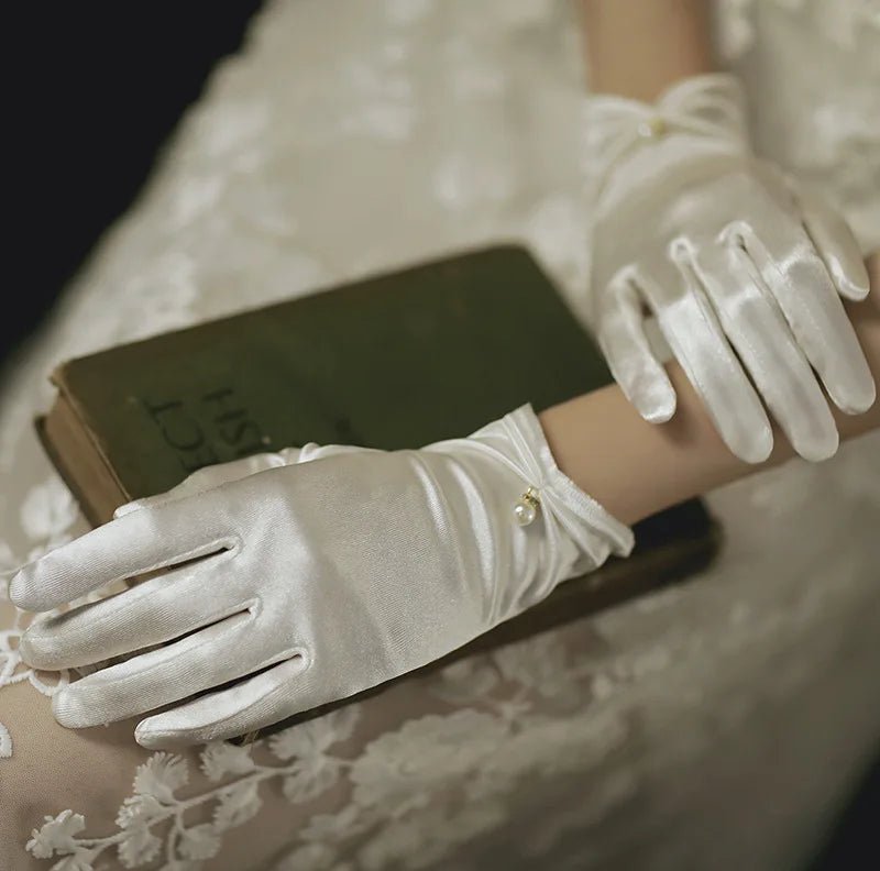 Satin Petal & Pearl Bow Short Bridal Gloves - Luzilly Bridal & Apparel