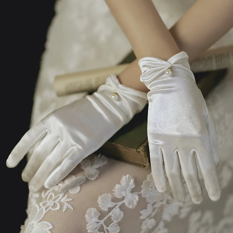 Satin Petal & Pearl Bow Short Bridal Gloves - Luzilly Bridal & Apparel