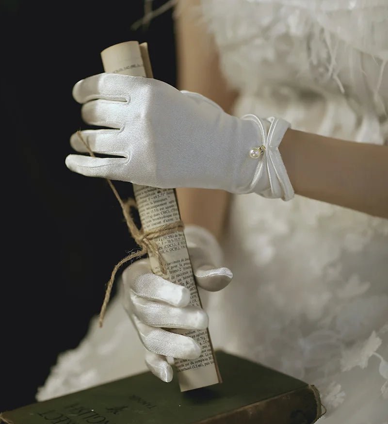 Satin Petal & Pearl Bow Short Bridal Gloves - Luzilly Bridal & Apparel
