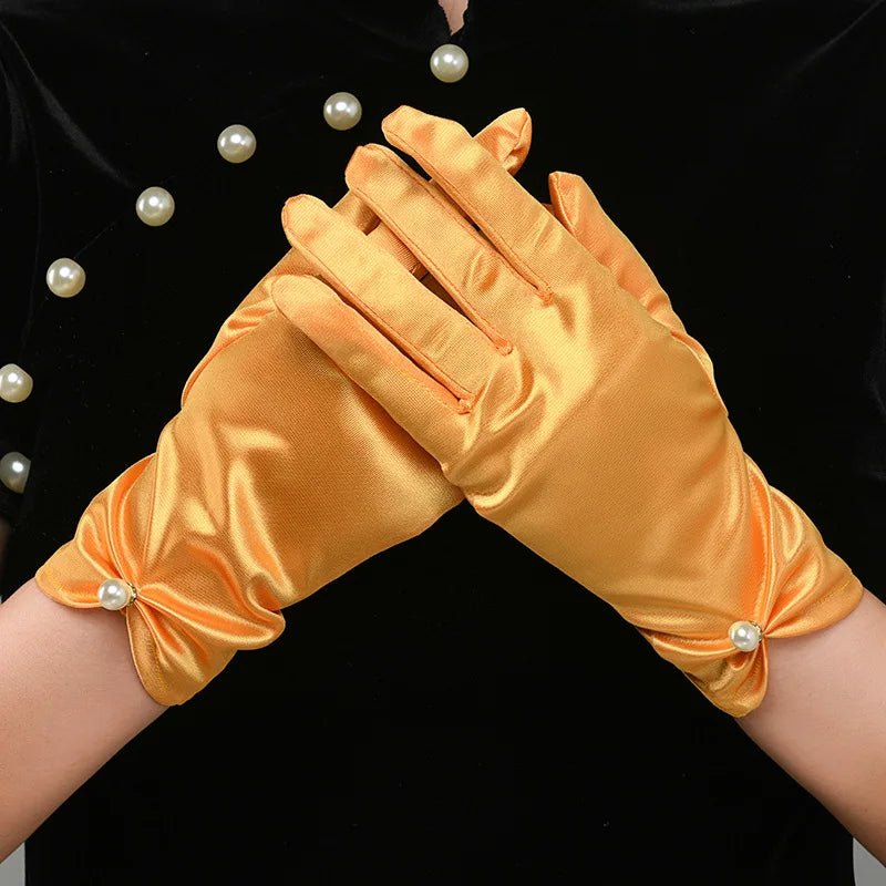 Satin Petal & Pearl Bow Short Bridal Gloves - Luzilly Bridal & Apparel
