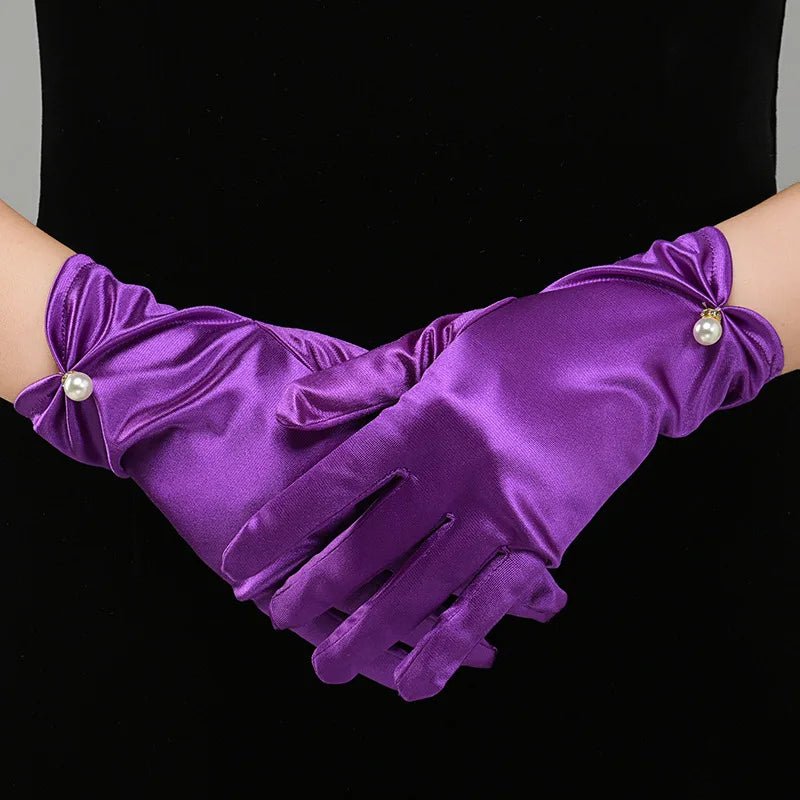 Satin Petal & Pearl Bow Short Bridal Gloves - Luzilly Bridal & Apparel