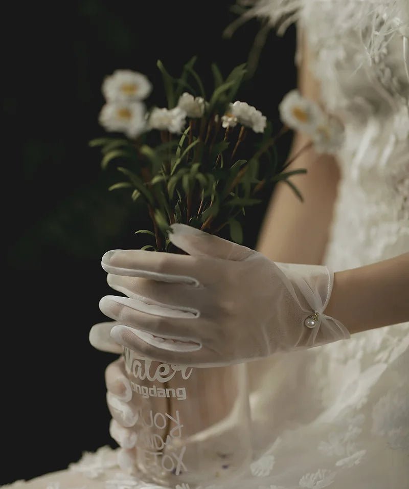 Satin Petal & Pearl Bow Short Bridal Gloves - Luzilly Bridal & Apparel