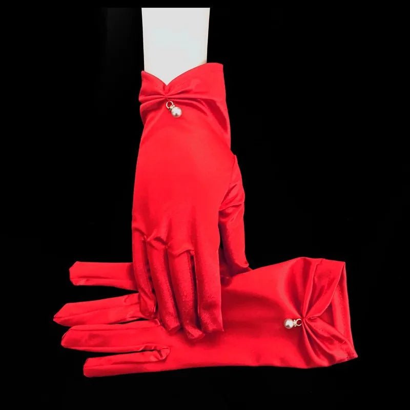 Satin Petal & Pearl Bow Short Bridal Gloves - Luzilly Bridal & Apparel