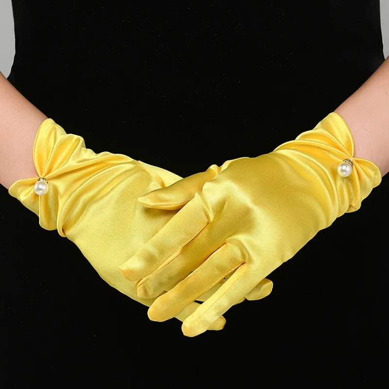 Satin Petal & Pearl Bow Short Bridal Gloves - Luzilly Bridal & Apparel