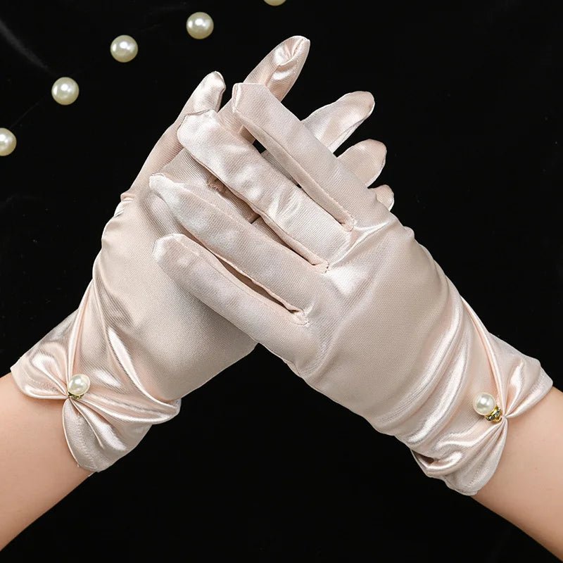 Satin Petal & Pearl Bow Short Bridal Gloves - Luzilly Bridal & Apparel