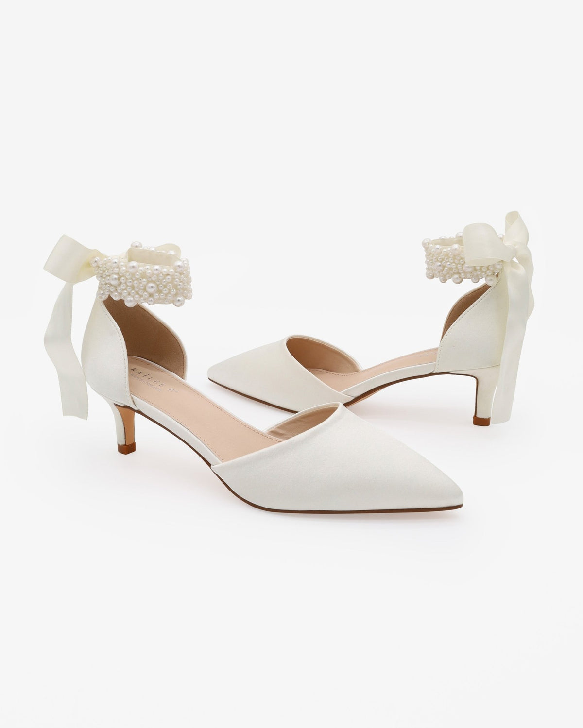 Satin Pointy Toe Kitten Low Heel with Perla Ankle Strap - Luzilly Bridal & Apparel