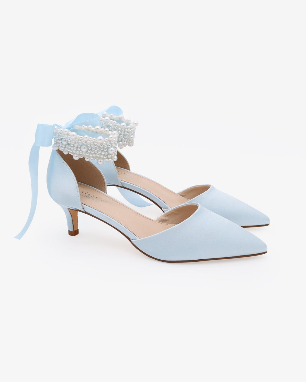 Satin Pointy Toe Kitten Low Heel with Perla Ankle Strap - Luzilly Bridal & Apparel