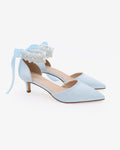 Satin Pointy Toe Kitten Low Heel with Perla Ankle Strap - Luzilly Bridal & Apparel