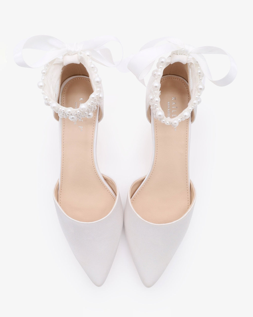 Satin Pointy Toe Kitten Low Heel with Perla Ankle Strap - Luzilly Bridal & Apparel