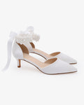 Satin Pointy Toe Kitten Low Heel with Perla Ankle Strap - Luzilly Bridal & Apparel