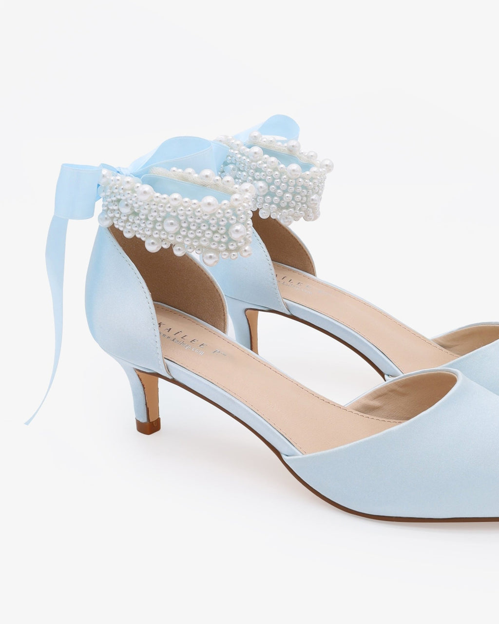 Satin Pointy Toe Kitten Low Heel with Perla Ankle Strap - Luzilly Bridal & Apparel