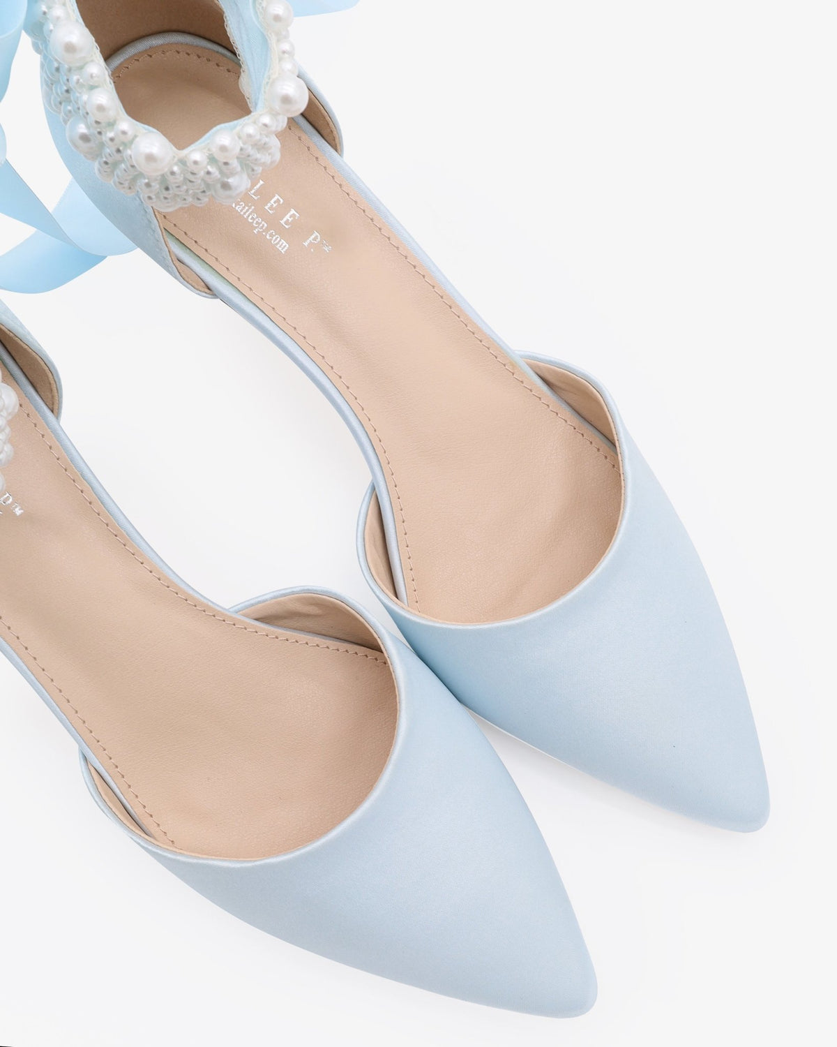 Satin Pointy Toe Kitten Low Heel with Perla Ankle Strap - Luzilly Bridal & Apparel