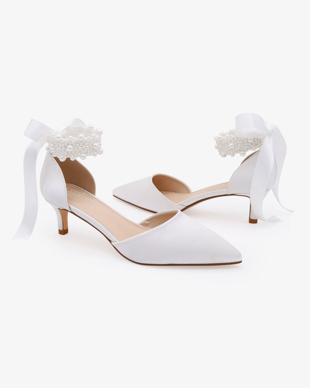 Satin Pointy Toe Kitten Low Heel with Perla Ankle Strap - Luzilly Bridal & Apparel