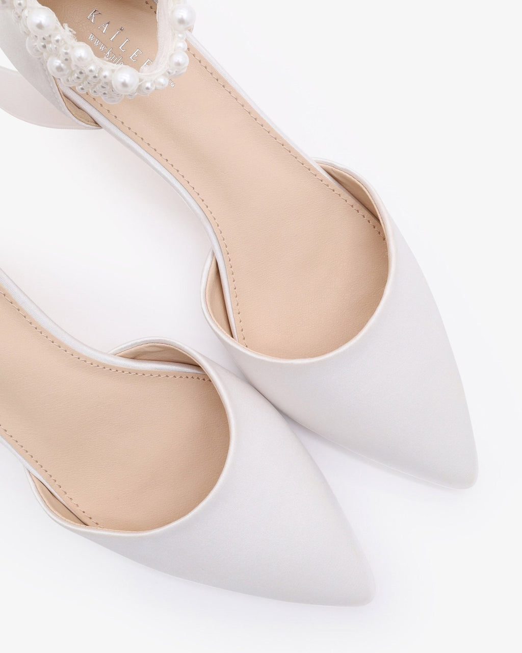 Satin Pointy Toe Kitten Low Heel with Perla Ankle Strap - Luzilly Bridal & Apparel