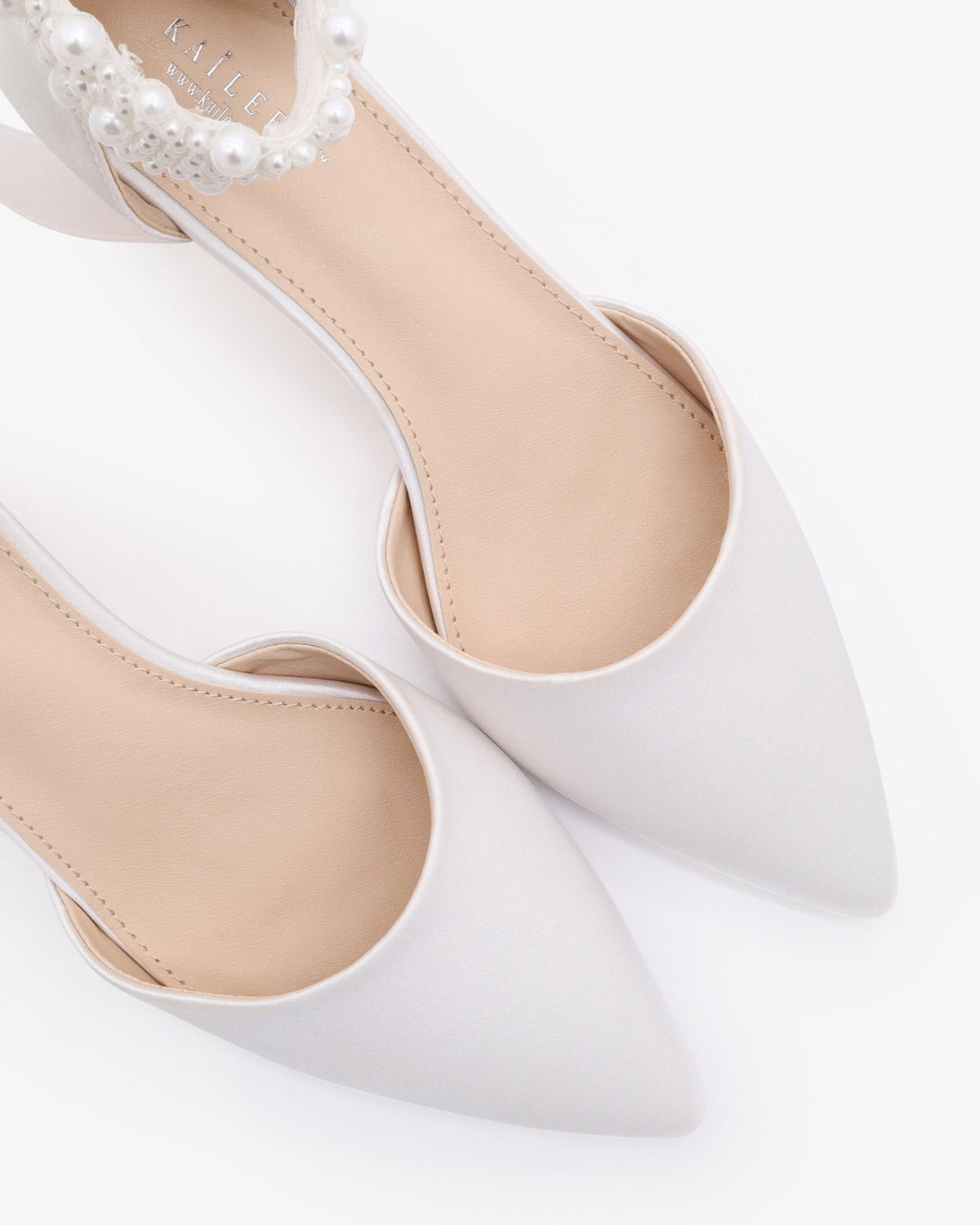 Satin Pointy Toe Kitten Low Heel with Perla Ankle Strap - Luzilly Bridal & Apparel