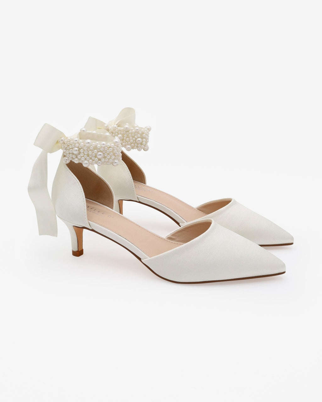 Satin Pointy Toe Kitten Low Heel with Perla Ankle Strap - Luzilly Bridal & Apparel
