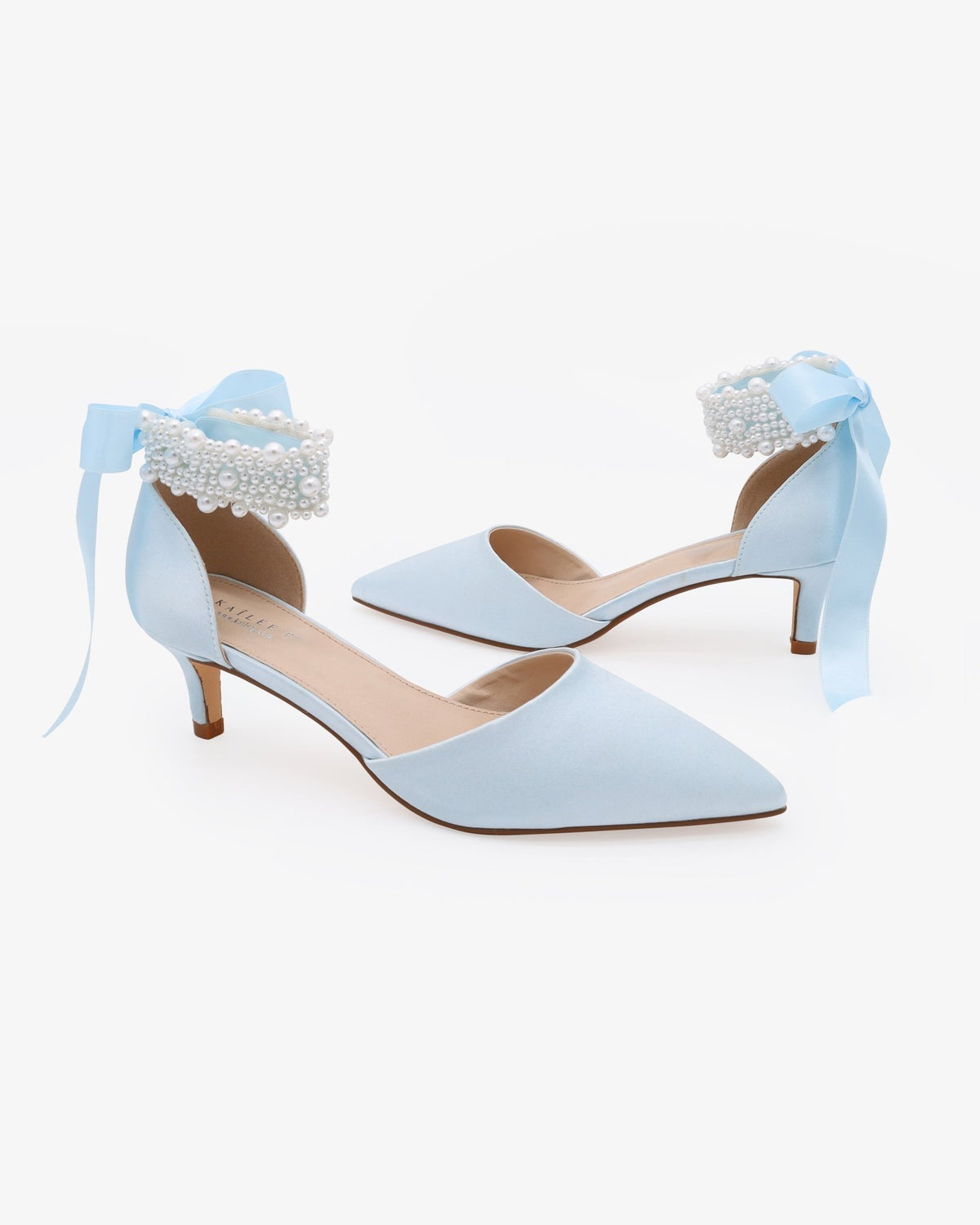 Satin Pointy Toe Kitten Low Heel with Perla Ankle Strap - Luzilly Bridal & Apparel