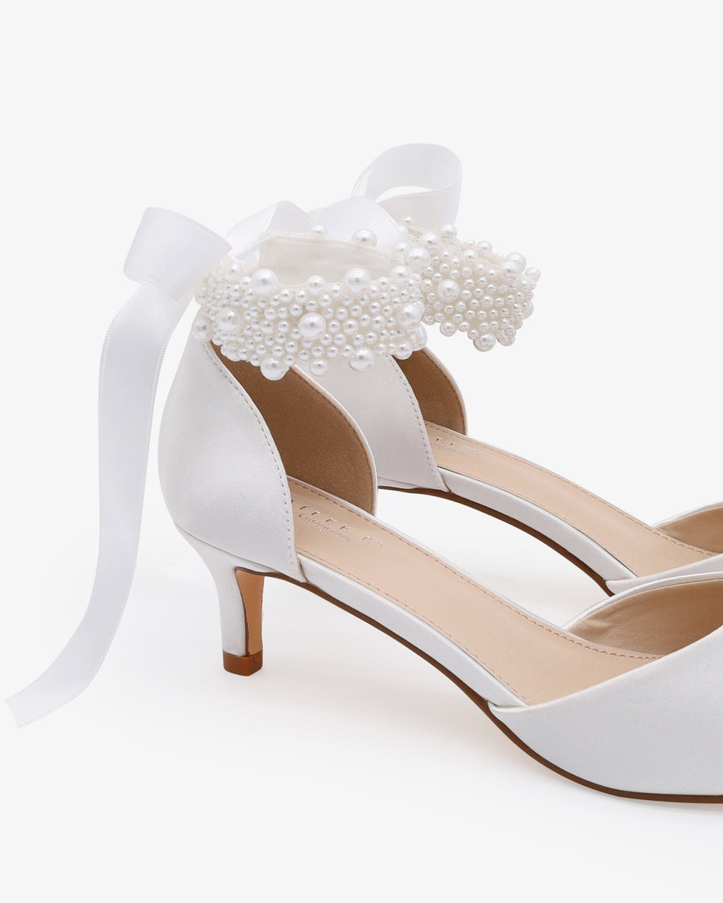 Satin Pointy Toe Kitten Low Heel with Perla Ankle Strap - Luzilly Bridal & Apparel