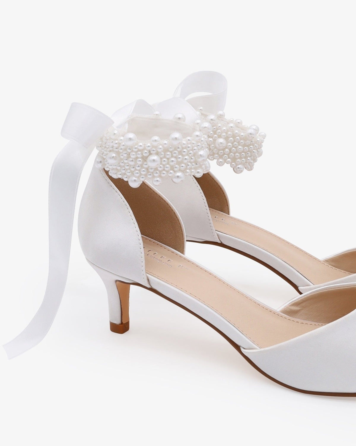 Satin Pointy Toe Kitten Low Heel with Perla Ankle Strap - Luzilly Bridal & Apparel