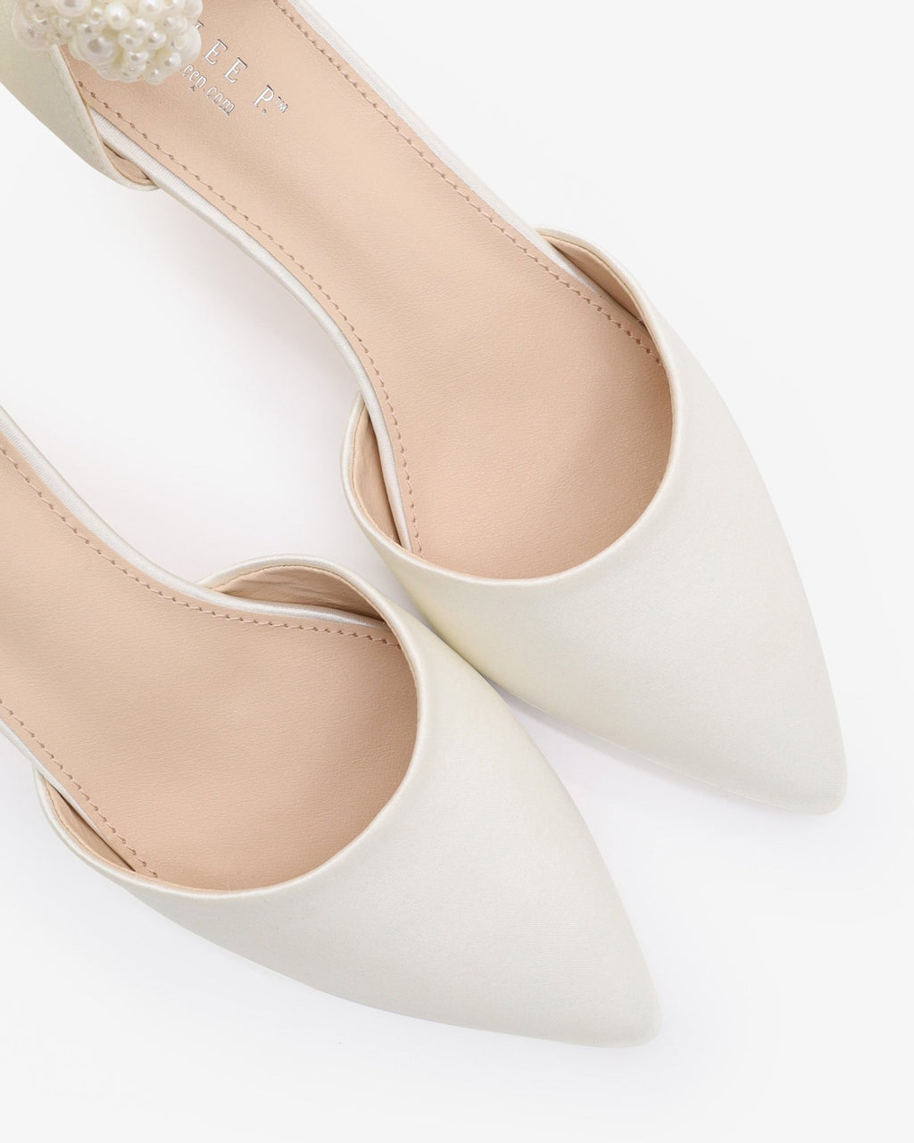 Satin Pointy Toe Kitten Low Heel with Perla Ankle Strap - Luzilly Bridal & Apparel