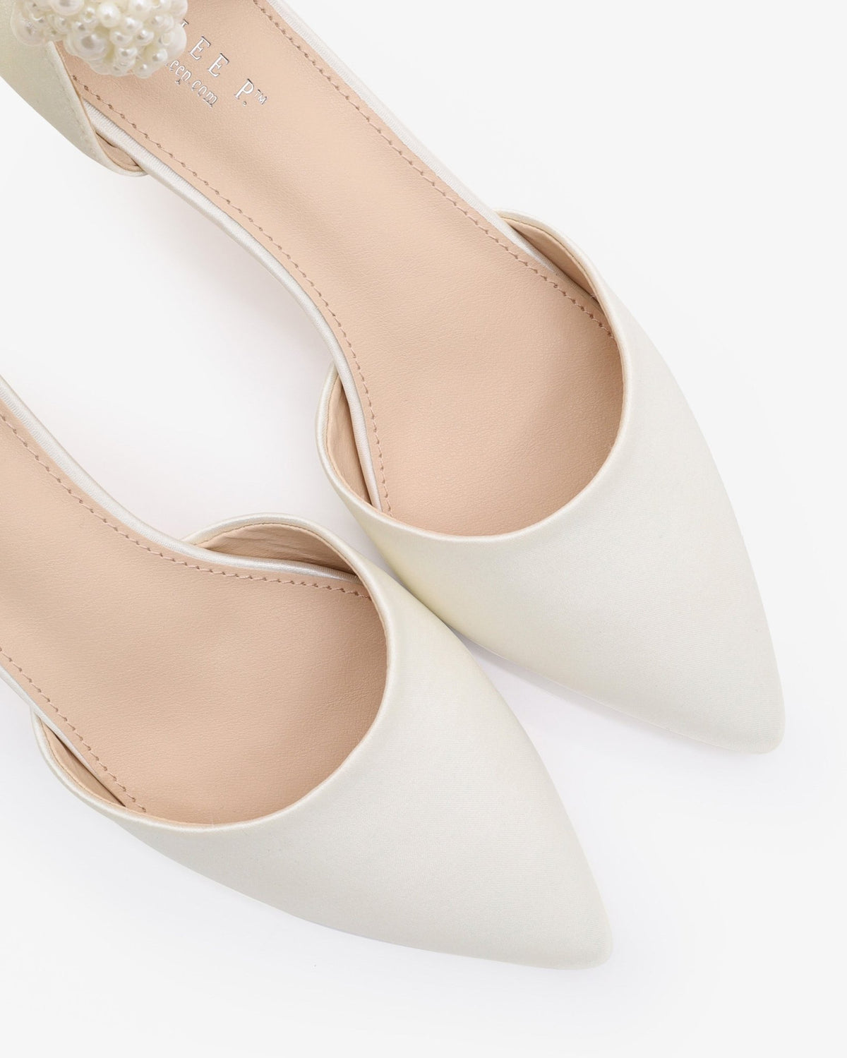 Satin Pointy Toe Kitten Low Heel with Perla Ankle Strap - Luzilly Bridal & Apparel
