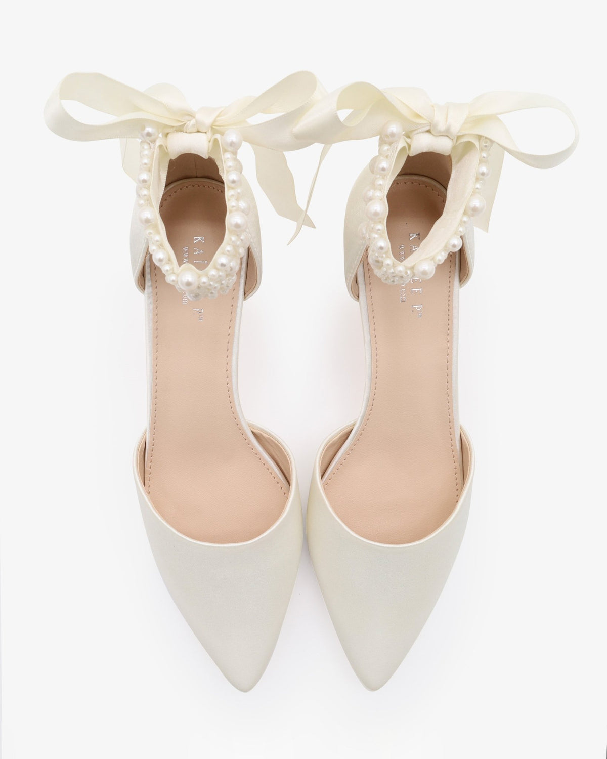 Satin Pointy Toe Kitten Low Heel with Perla Ankle Strap - Luzilly Bridal & Apparel