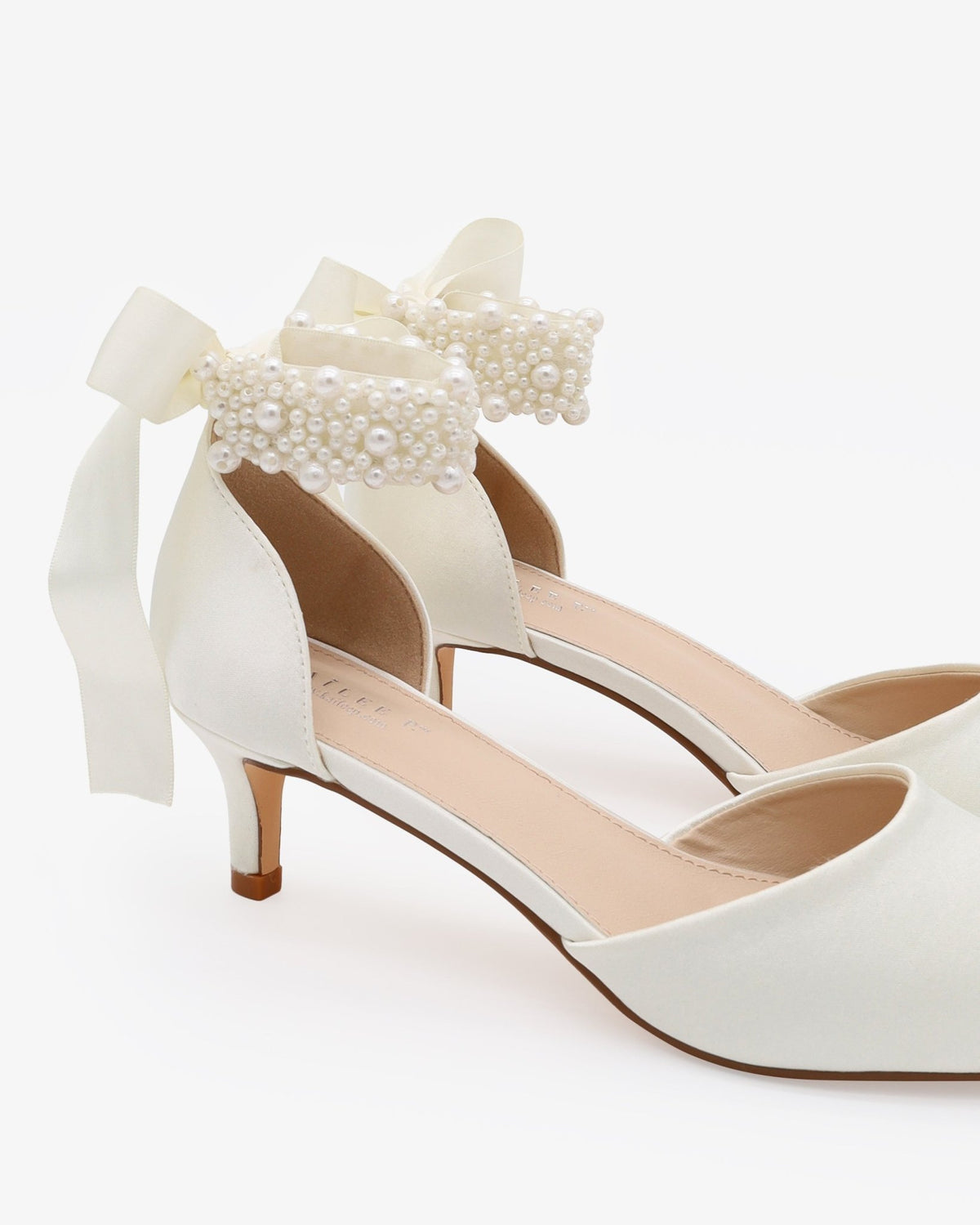 Satin Pointy Toe Kitten Low Heel with Perla Ankle Strap - Luzilly Bridal & Apparel