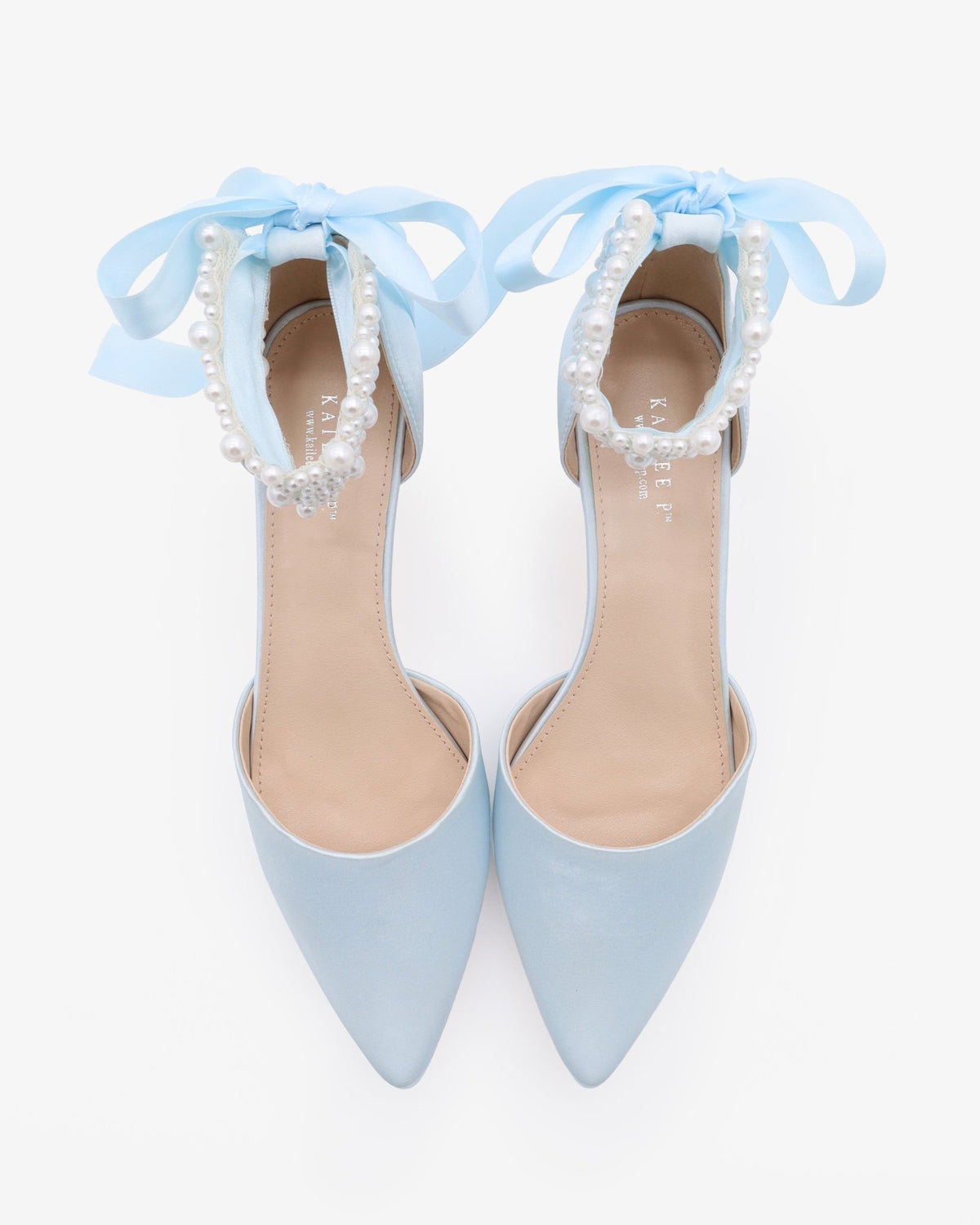Satin Pointy Toe Kitten Low Heel with Perla Ankle Strap - Luzilly Bridal & Apparel