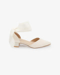 Satin Pointy Toe Low Block Heels Wedding Shoes with Wrapped Ribbon Tie - Luzilly Bridal & Apparel