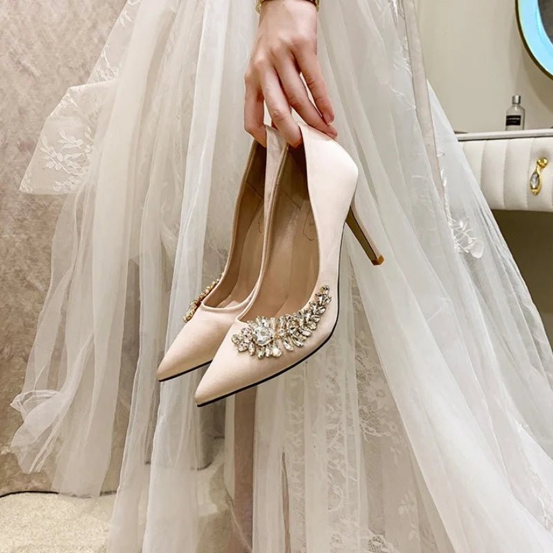 Satin Rhinestone Pointed-Toe Bridal Heels - Luzilly Bridal & Apparel