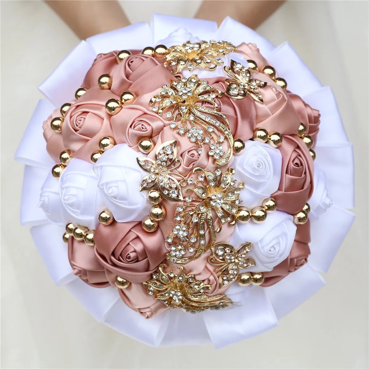 Satin Rose and Crystal Wedding Bouquet in Blush Pink Tones - Luzilly Bridal & Apparel