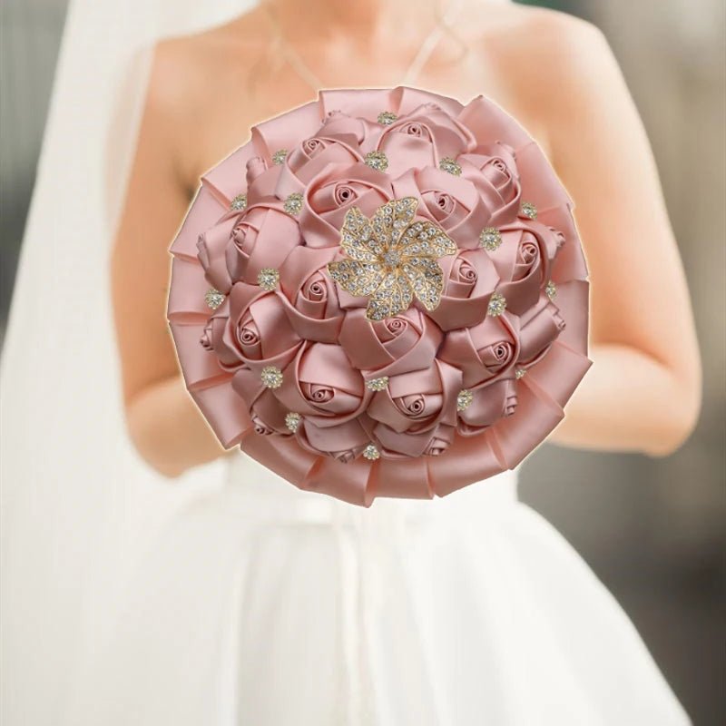 Satin Rose and Crystal Wedding Bouquet in Blush Pink Tones - Luzilly Bridal & Apparel
