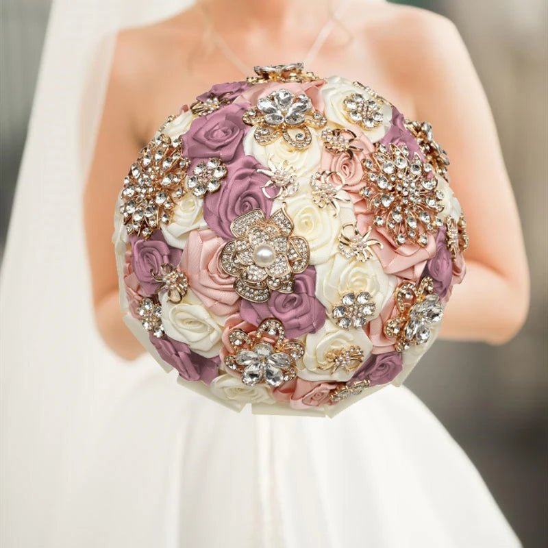 Satin Rose and Crystal Wedding Bouquet in Blush Pink Tones - Luzilly Bridal & Apparel