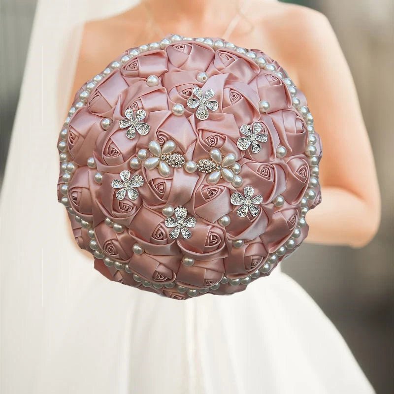 Satin Rose and Crystal Wedding Bouquet in Blush Pink Tones - Luzilly Bridal & Apparel
