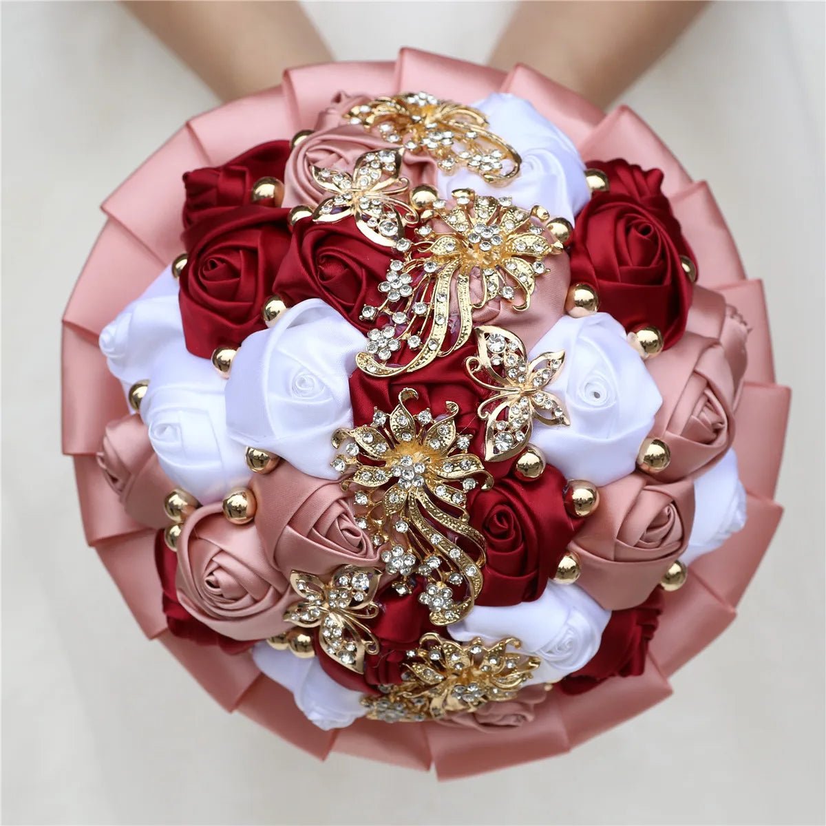 Satin Rose and Crystal Wedding Bouquet in Blush Pink Tones - Luzilly Bridal & Apparel