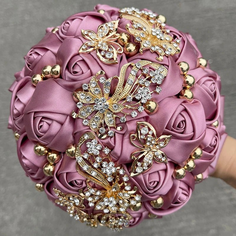 Satin Rose and Crystal Wedding Bouquet in Blush Pink Tones - Luzilly Bridal & Apparel
